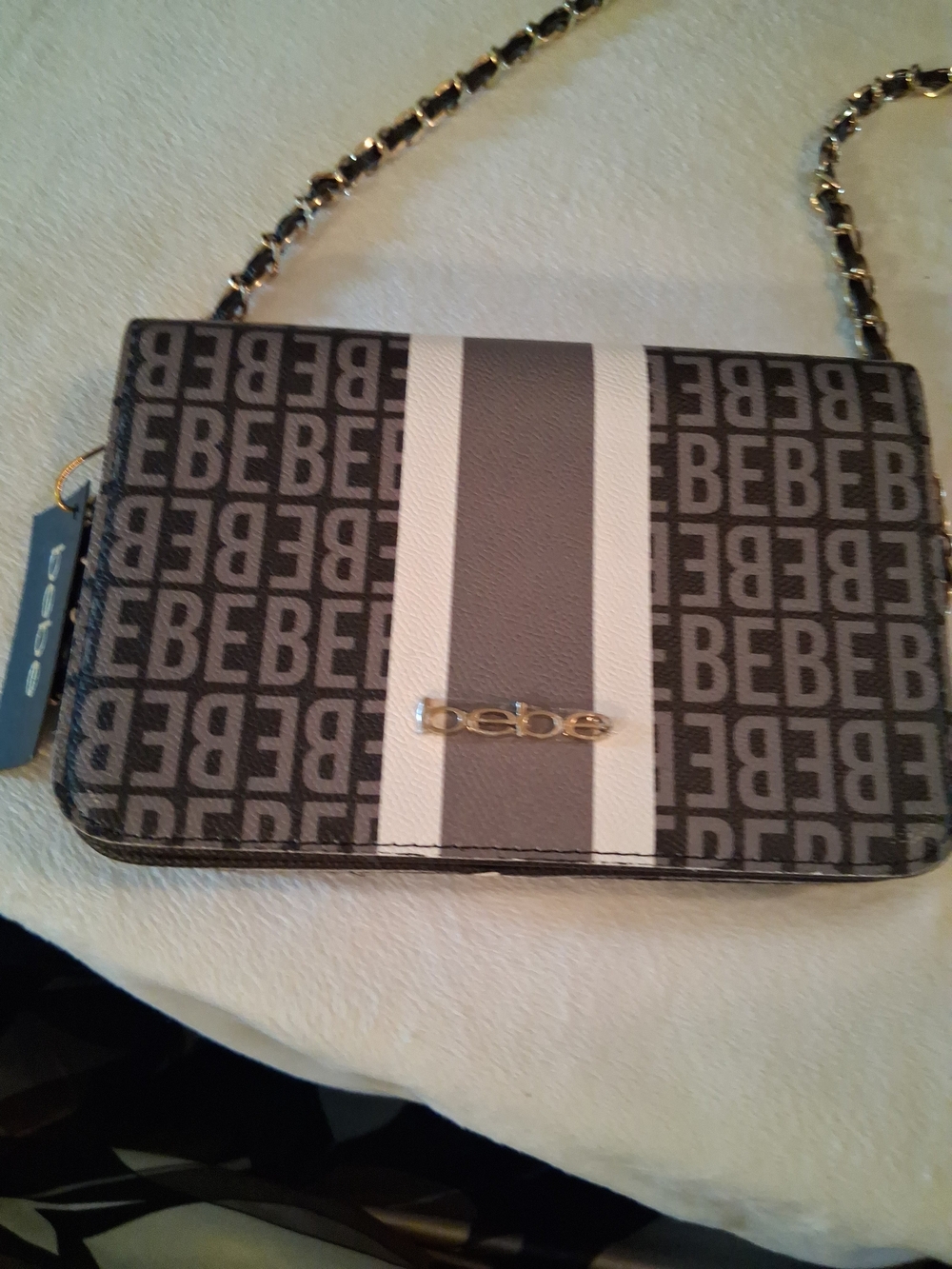 bebe Gray & White Logo Stripe Chain Crossbody